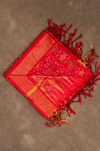 Red pure silk Ikat dupatta with geometric motifs and tassels