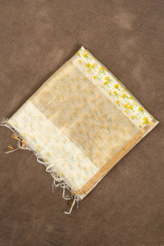 White Chanderi dupatta with yellow floral block print