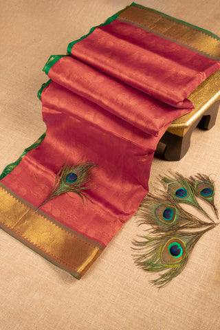 coral vermillion and emerald green cotton silk saree with peacock motifs handcrafted saree from Madhurya