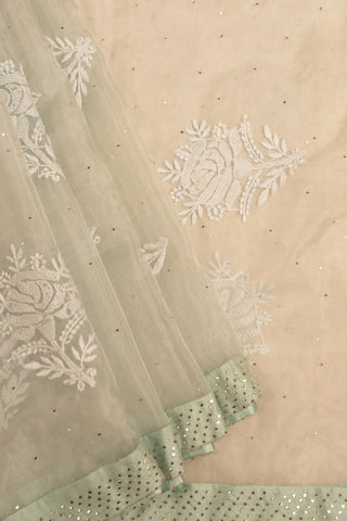 Mint Green and Cream Organza Chikankari Saree with White Floral Embroidery