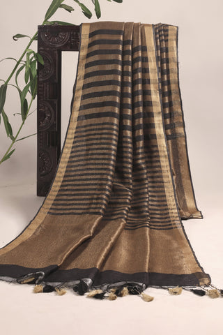 Black and Golden Striped Linen Saree with Zari Border