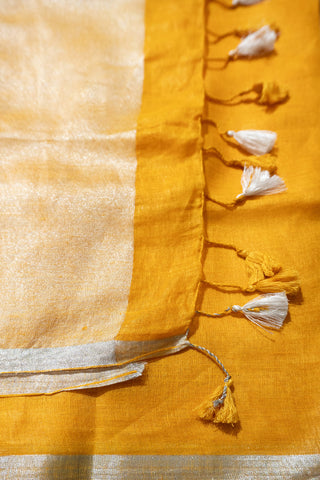 Yellow and Silver Pure Linen Saree
