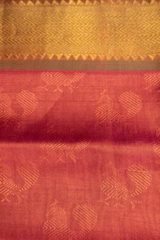 coral vermillion and emerald green cotton silk saree with peacock motifs handcrafted saree from Madhurya