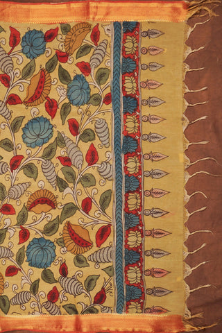 Muted mustard yellow Kalamkari dupatta with hand-drawn blue and red flowers, winding vines and rust-orange woven border