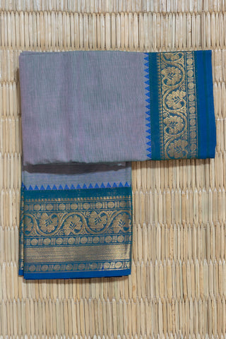 Grey Chettinad Cotton Saree with Pink-Green Hue and Blue Border