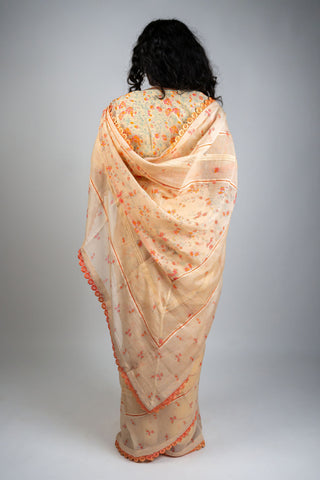 Beige Chanderi saree with peach and coral floral prints