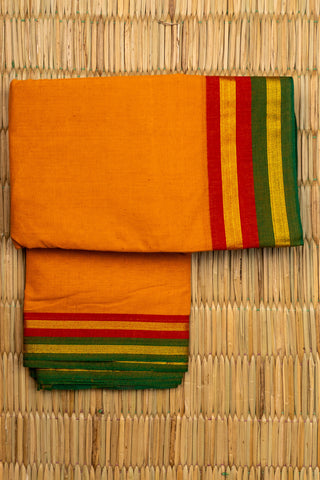 Orange Chettinad Cotton Saree with Red Green and Gold Striped Border