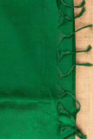 coral vermillion and emerald green cotton silk saree with peacock motifs handcrafted saree from Madhurya