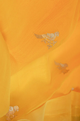 Turmeric Yellow Ombre Pure Silk Saree with Bird Embroidery handwoven saree