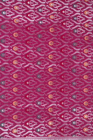 Deep magenta purple-pink Banarasi dupatta with silver zari jaal, arched leaf pattern and meenakari floral centers
