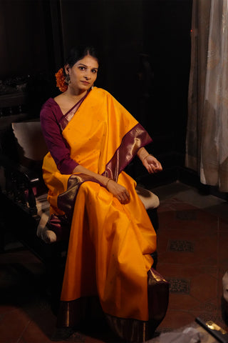 Dual Tone Orange-Yellow n Purple Kanchipuram Handloom Silk saree