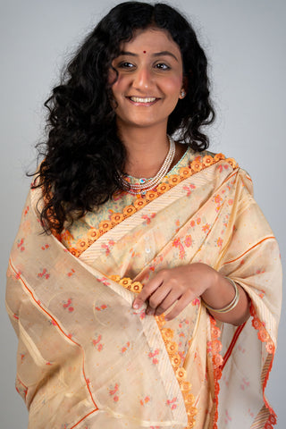 Beige Chanderi saree with peach and coral floral prints