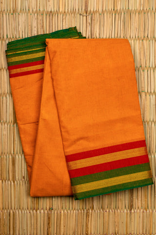 Orange Chettinad Cotton Saree with Red Green and Gold Striped Border