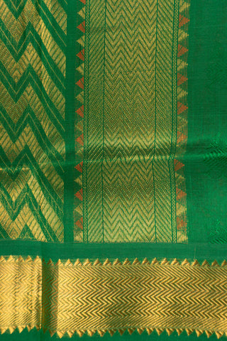 coral vermillion and emerald green cotton silk saree with peacock motifs handcrafted saree from Madhurya