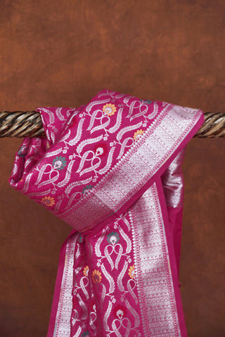 Deep magenta purple-pink Banarasi dupatta with silver zari jaal, arched leaf pattern and meenakari floral centers