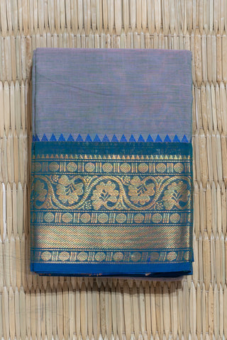 Grey Chettinad Cotton Saree with Pink-Green Hue and Blue Border