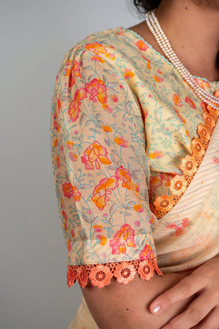Beige Chanderi saree with peach and coral floral prints