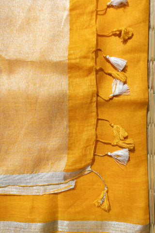 Yellow and Silver Pure Linen Saree