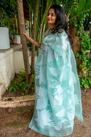 Mint green pure silk organza saree with floral and bird applique work.