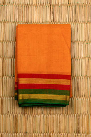 Orange Chettinad Cotton Saree with Red Green and Gold Striped Border