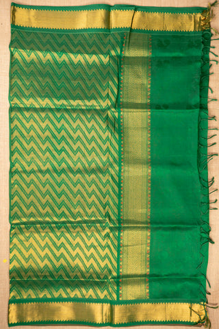 coral vermillion and emerald green cotton silk saree with peacock motifs handcrafted saree from Madhurya