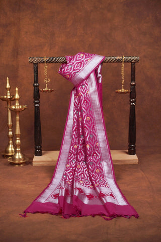 Deep magenta purple-pink Banarasi dupatta with silver zari jaal, arched leaf pattern and meenakari floral centers