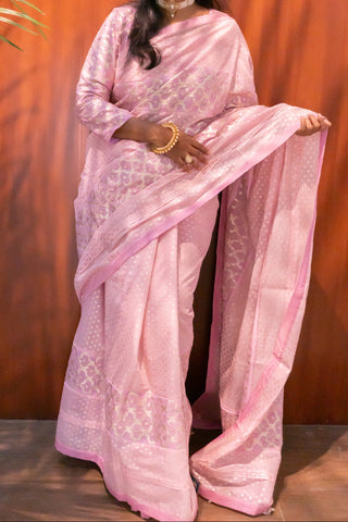 Blush Pink Pure Chanderi Silk Saree with Subtle Gold Zari Border