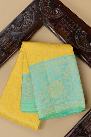 Exquisite Yellow Silk Saree with Mint Green Contrast Border