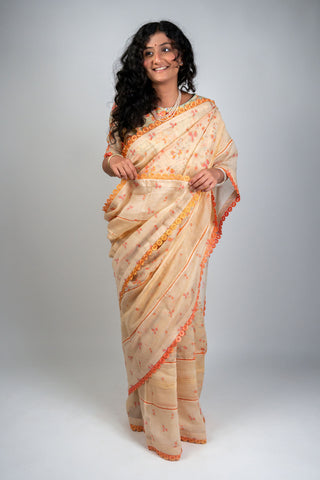 Beige Chanderi saree with peach and coral floral prints