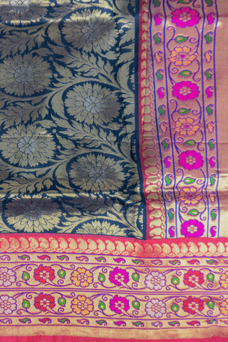 Navy Blue Amdavadi Pure Silk Saree with Gold Zari and Pink Border