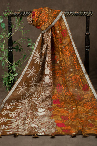 Botanical floral linen dupatta with silver border	