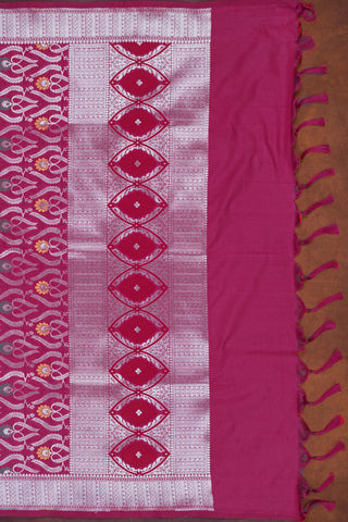 Deep magenta purple-pink Banarasi dupatta with silver zari jaal, arched leaf pattern and meenakari floral centers