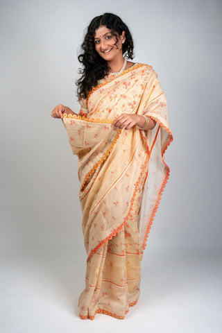 Beige Chanderi saree with peach and coral floral prints
