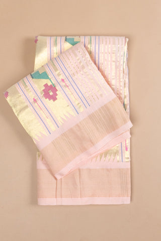 Peach Cotton Paithani Saree with stylized floral motifs