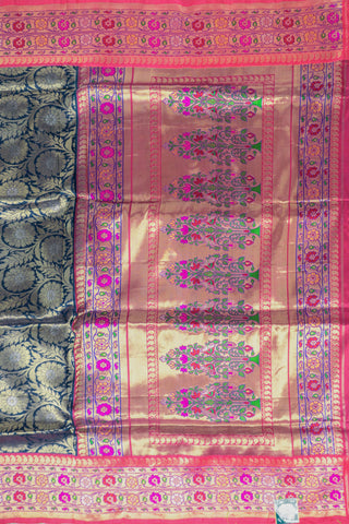 Navy Blue Amdavadi Pure Silk Saree with Gold Zari and Pink Border