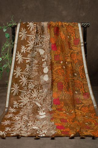 Botanical floral linen dupatta with silver border	