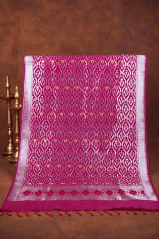 Deep magenta purple-pink Banarasi dupatta with silver zari jaal, arched leaf pattern and meenakari floral centers
