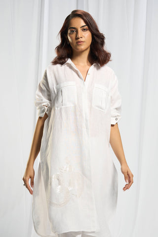 Hand embroidered Om white linen shirt with transparent sequins
