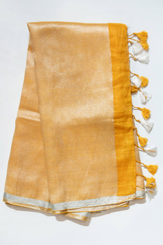 Yellow and Silver Pure Linen Saree