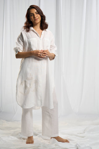 Divine Serenity white linen oversized shirt with embroidered Om motif