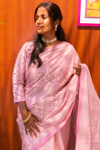 Blush Pink Pure Chanderi Silk Saree with Subtle Gold Zari Border