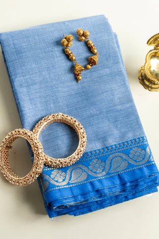 Steel Blue Chettinad Cotton Saree with Royal Blue and Gold Paisley Border