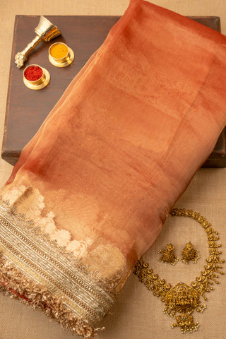 Red Banarasi Organza Tissue Saree with Golden Lace