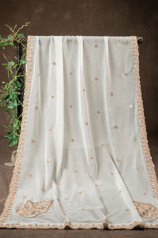 White pure georgette dupatta with hand embroidered zardozi work