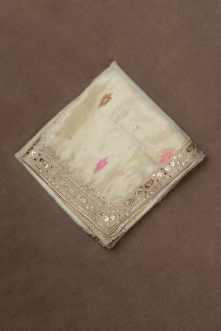 Gold tissue silk dupatta with heavy zari embroidery and maroon piping border