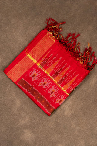 Red pure silk Ikat dupatta with geometric motifs and tassels