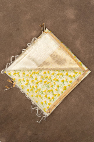 White Chanderi dupatta with yellow floral block print