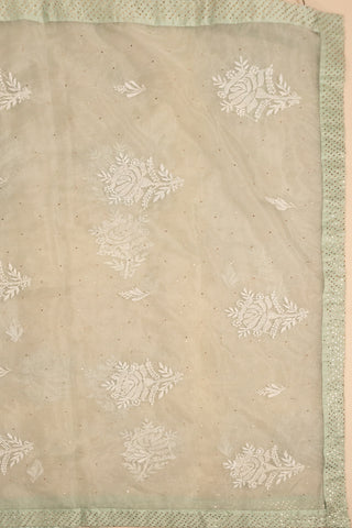 Mint Green and Cream Organza Chikankari Saree with White Floral Embroidery