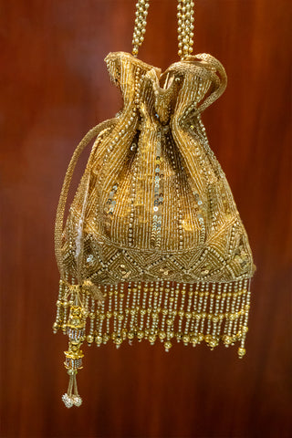 Luxe Gold Satin Potli Bag with Cutdana, Sequins, and Beaded Handle