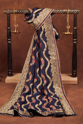 Navy blue silk dupatta with wavy gold zari leheriya stripes, pink and orange meenakari vines and gold kiran lace edging